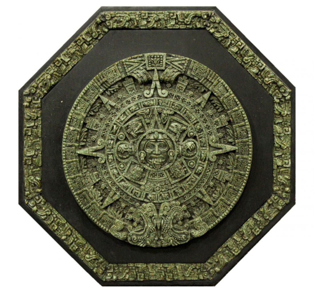 20th C. Cast MAYAN CALENDAR PLAQUE: 20th C. Cast MAYAN CALENDAR PLAQUE. Verde Bronzed patina finish. Size: 20.5 w and l