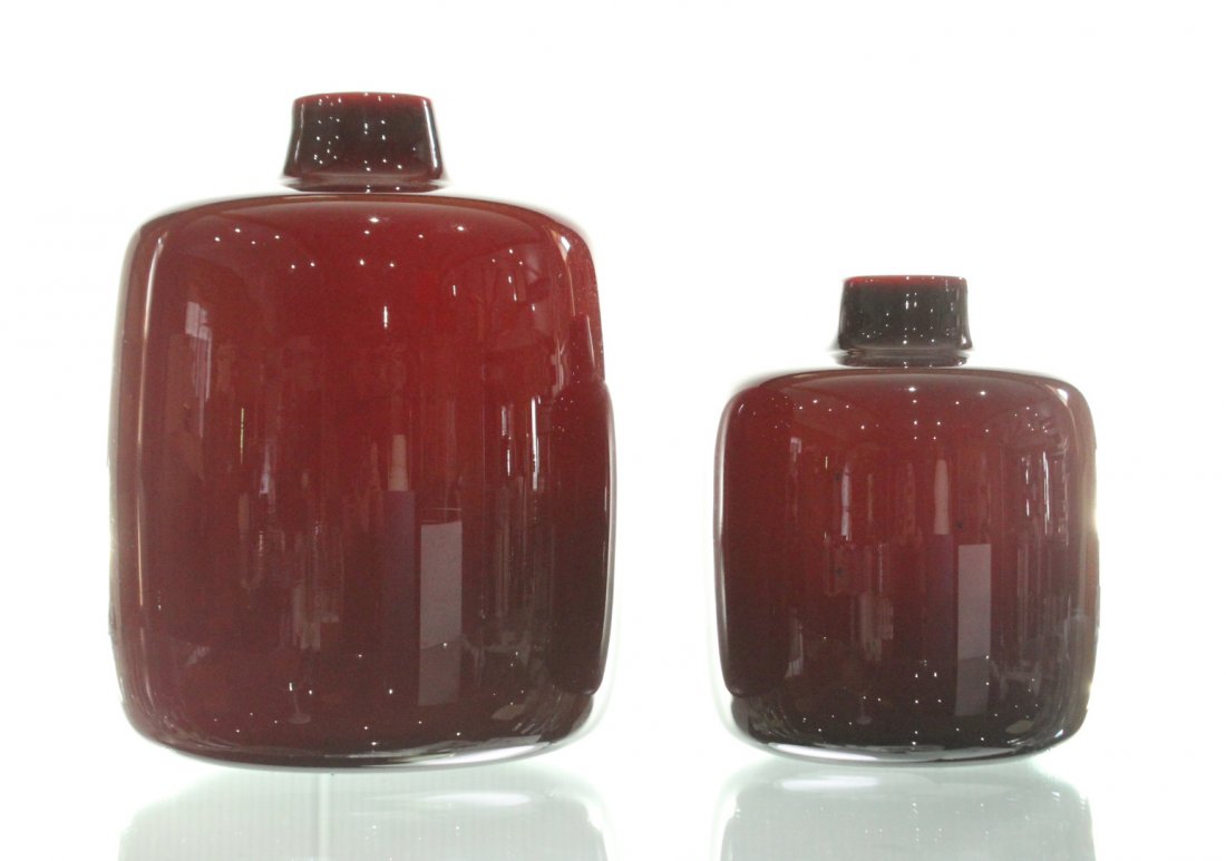 Two [2] Mid-Century Modern Pigeon Blood Glass VASES (1 of 2)