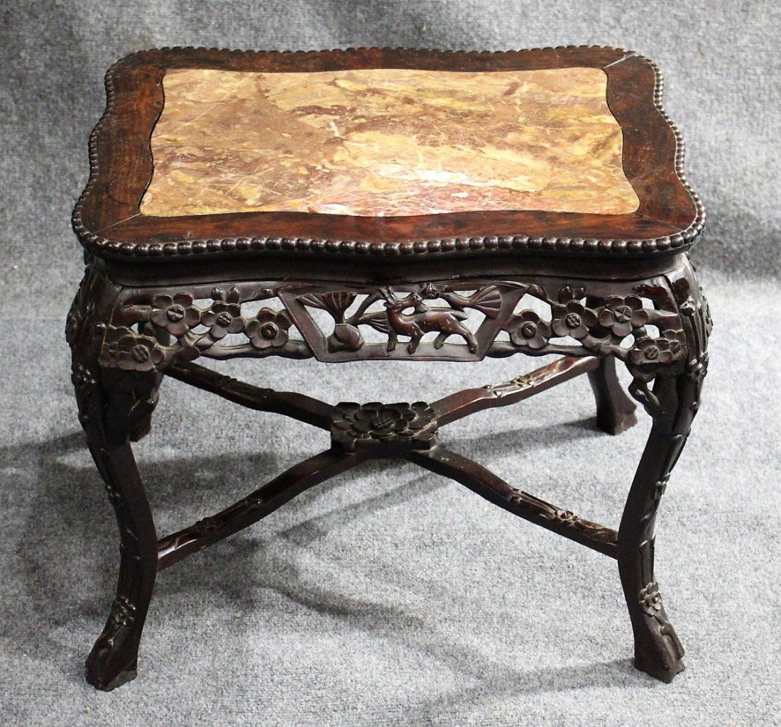 Antique CARVED CHINESE MARBLE TOP TEAK TABORET STAND (1 of 7)