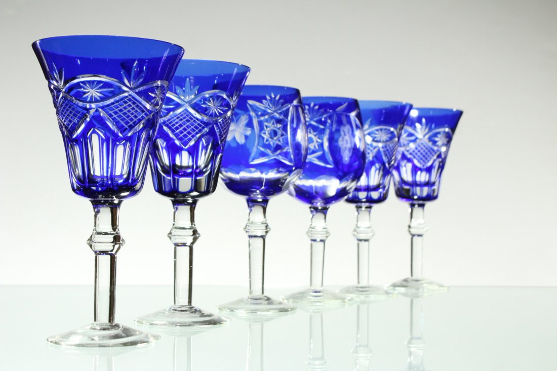 Six [6] COBALT BLUE CUT GLASS STEMWARE Set 4 and 2 (1 of 5)