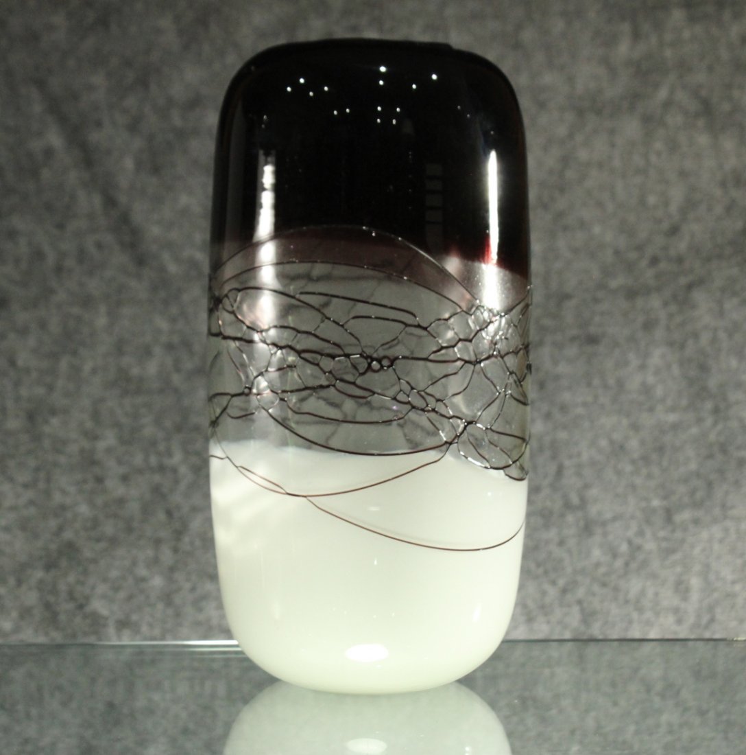 Mid-Century BLACK & WHITE ART GLASS VASE WEB THREADS (1 of 4)