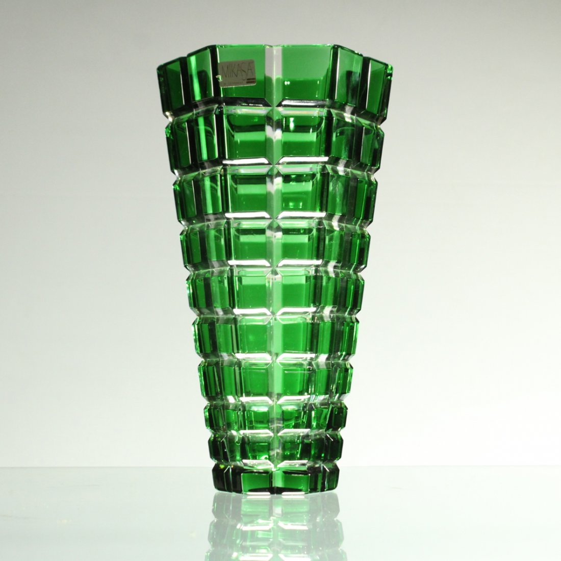 MIKASA W. Germany GREEN FACETED SQUARES TAPERED VASE: MIKASA W. Germany GREEN FACETED SQUARES TAPERED VASE, original label. Size: 10 h inches
