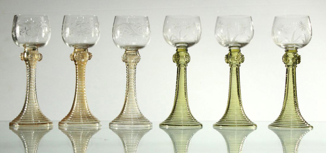 Six [6] COLORED ETCHED GLASS CHALICE GOBLETS (1 of 6)