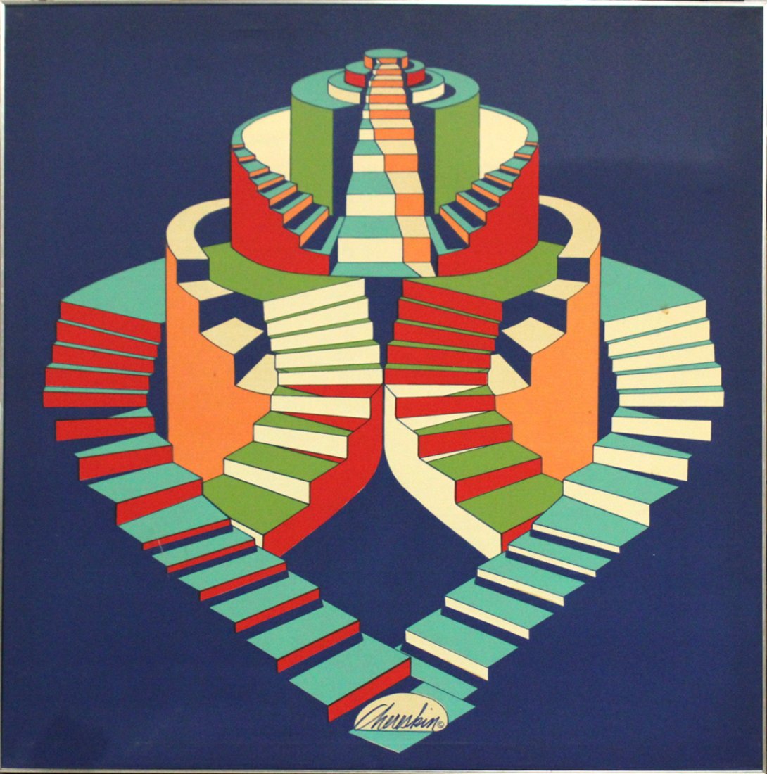CHERESKIN Large Silkscreen on Fabric ABSTRACT STAIRS (1 of 5)