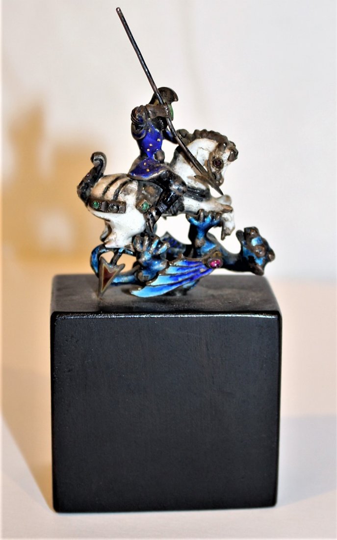 Mini BRONZE & ENAMEL SCULPTURE WARRIOR FIGHTING DRAGON (1 of 8)
