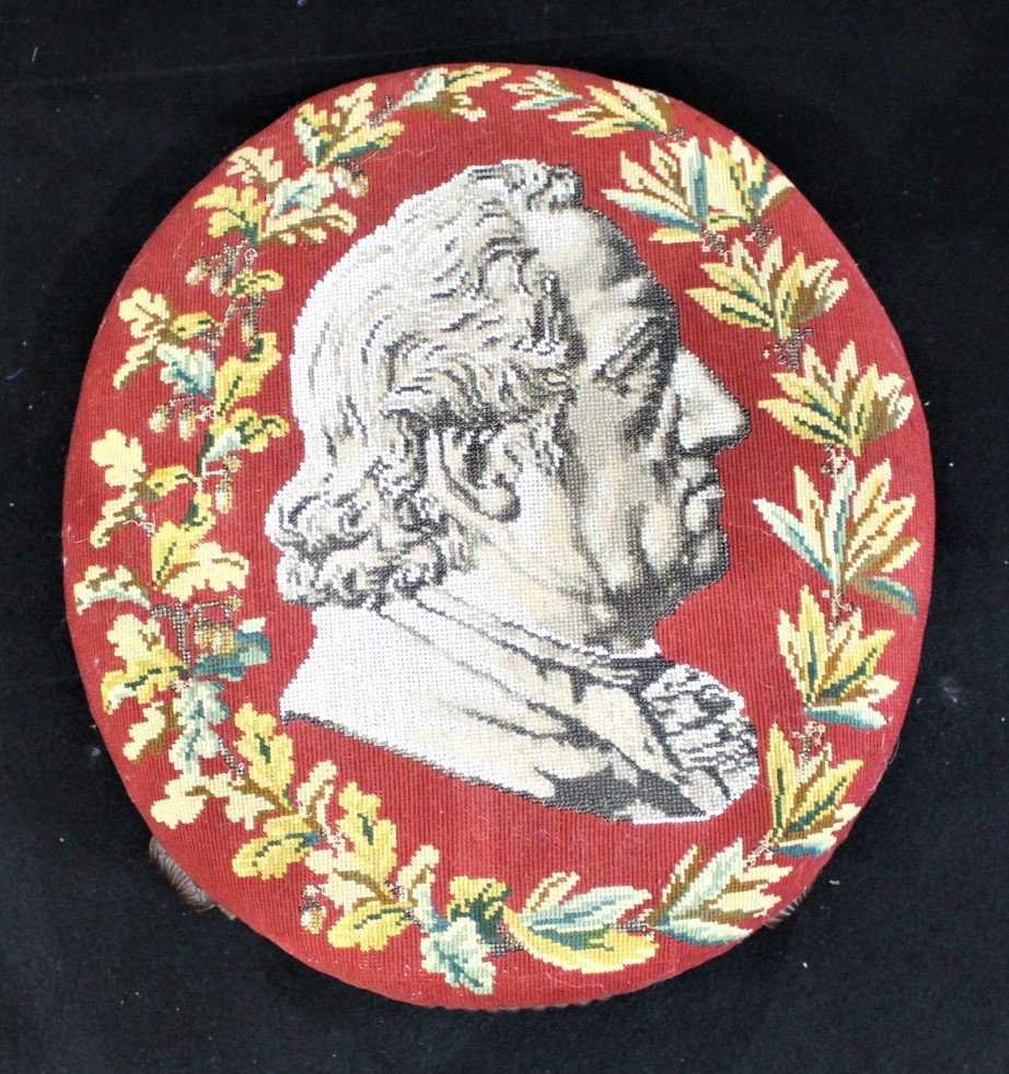 Antique TEXTILE UPHOSTERY FOOTSTOOL Historical Portrait (1 of 6)