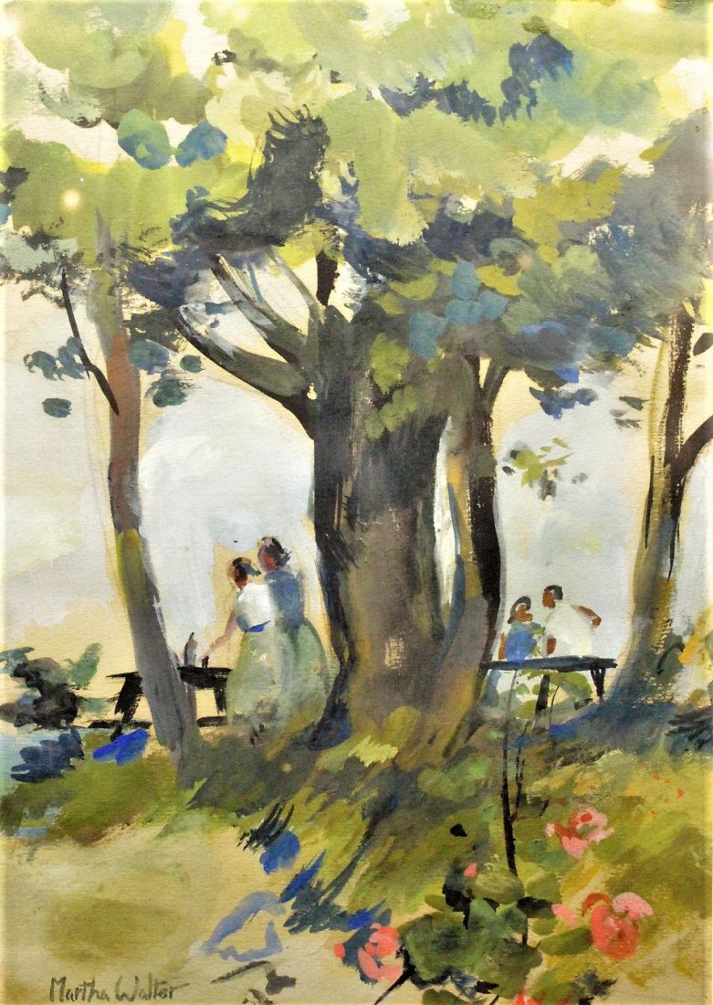 MARTHA WALTER , Watercolor OUTDOOR FAMILY PICNIC Signed (1 of 5)