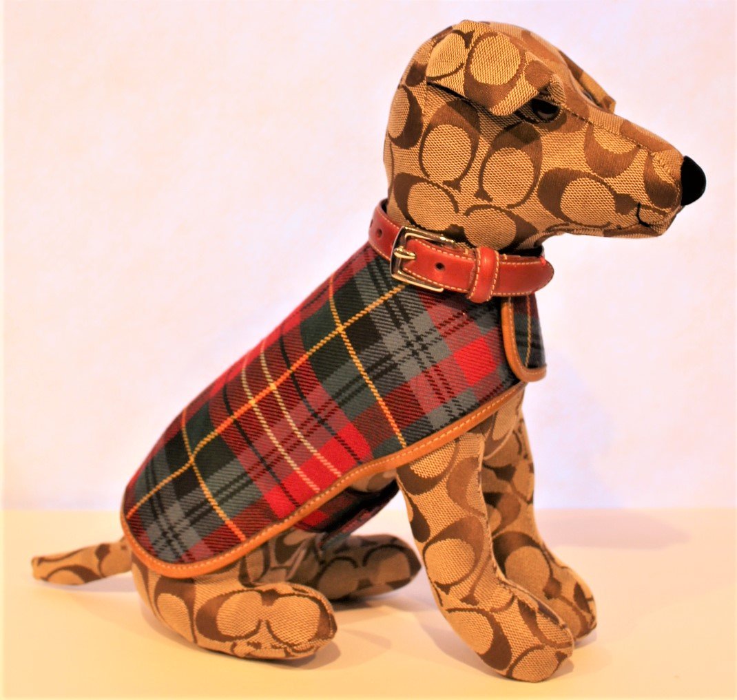 COACH - STUFFED JACK RUSSEL DOG, RED COLLAR, PLAID COAT: COACH - STUFFED JACK RUSSEL DOG, RED COLLAR, PLAID COAT. very clean, all tags. Size: 11 in. height x 11.5 in. length tail to front paw.