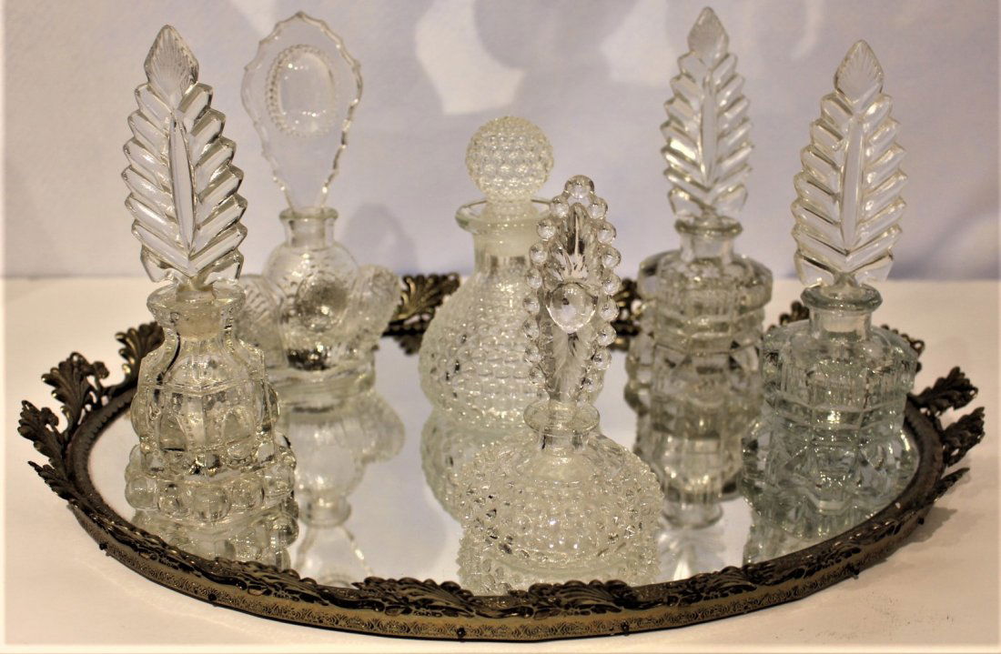 Six [6] ASSORTED CLEAR GLASS PERFUME BOTTLES, OVAL TRAY (1 of 6)
