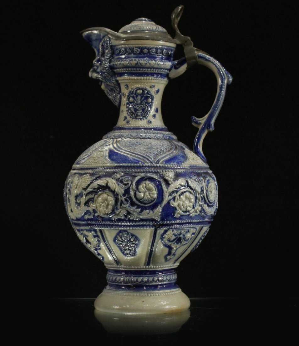 ORNATE 19th C. GERMAN STONEWARE TANKARD - Cobalt Blue (1 of 6)