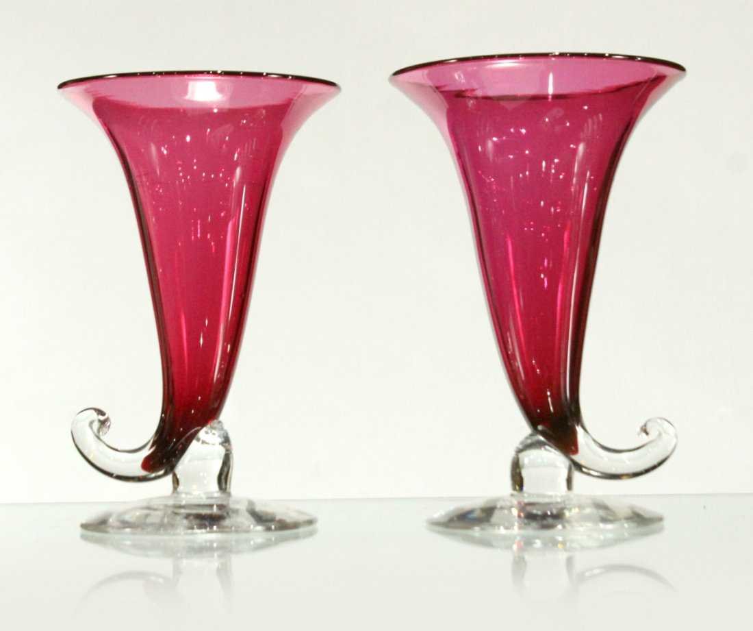 Pair PAIRPOINT Attrib. Cranberry Clear CORNUCOPIA VASES: Pair PAIRPOINT Attrib. Cranberry & Clear CORNUCOPIA VASES. Size: 6.75h
