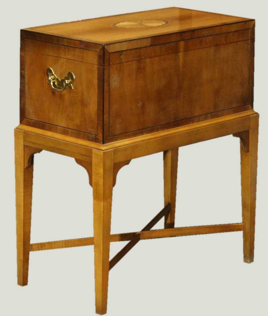 Inlaid exotic wood "Baker" cellarette: Inlaid exotic wood "Baker" cellarette ( small chest) Size: 23"h , 11 x 20