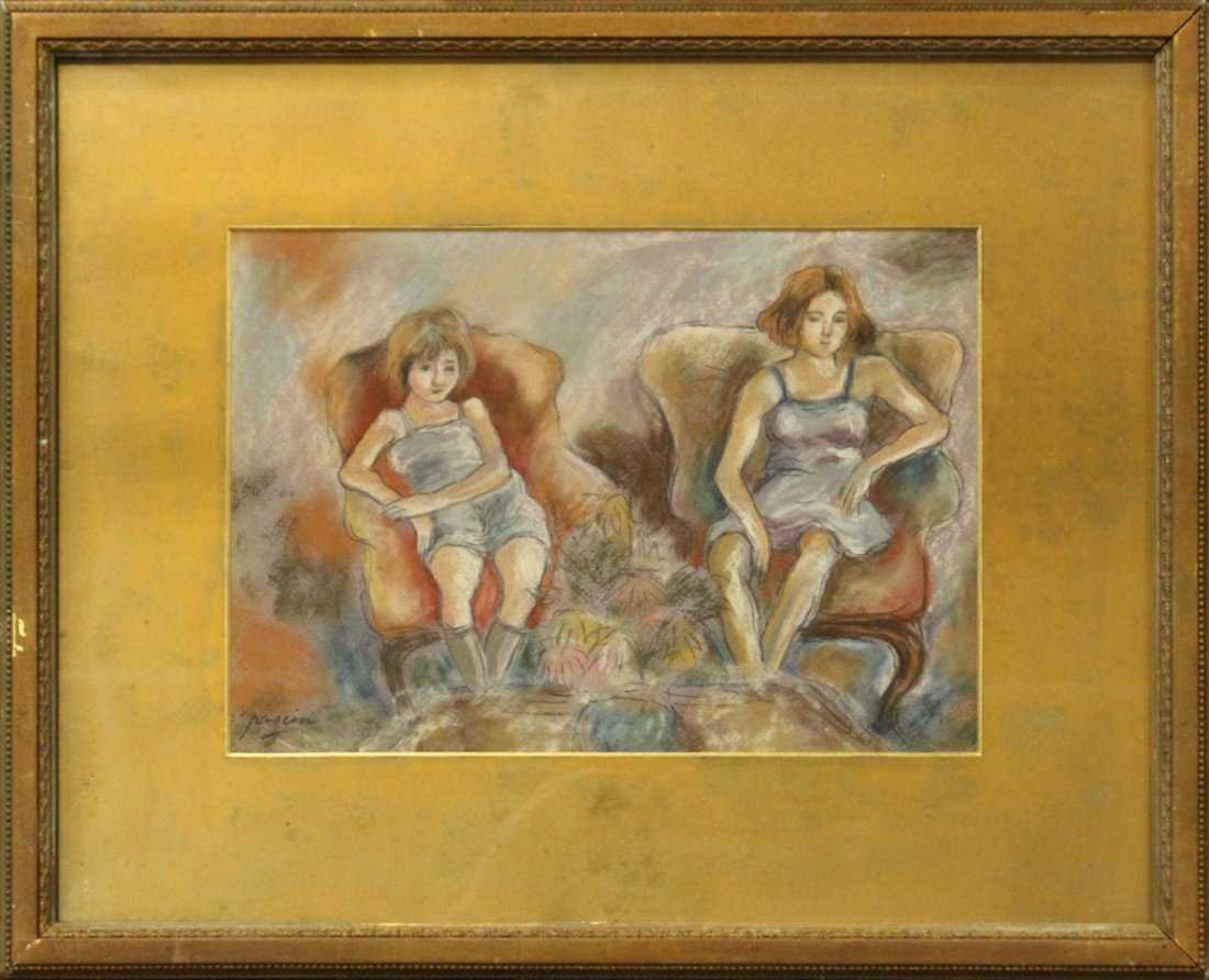 PASCIN, Pastel TWO GIRLS SEATED IN WINGBACK CHAIRS (1 of 6)