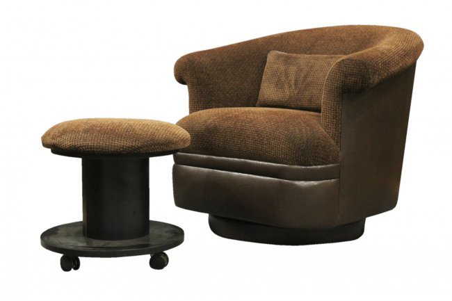 MILO BAUGHMAN Swivel Tub Chair & Ottoman BROWN LEATHER: MILO BAUGHMAN Swivel Tub Chair & Ottoman BROWN LEATHER and Corduroy Material exceptional upholsterySize: 30 h , 33 w , ottoman 16 h 17 w