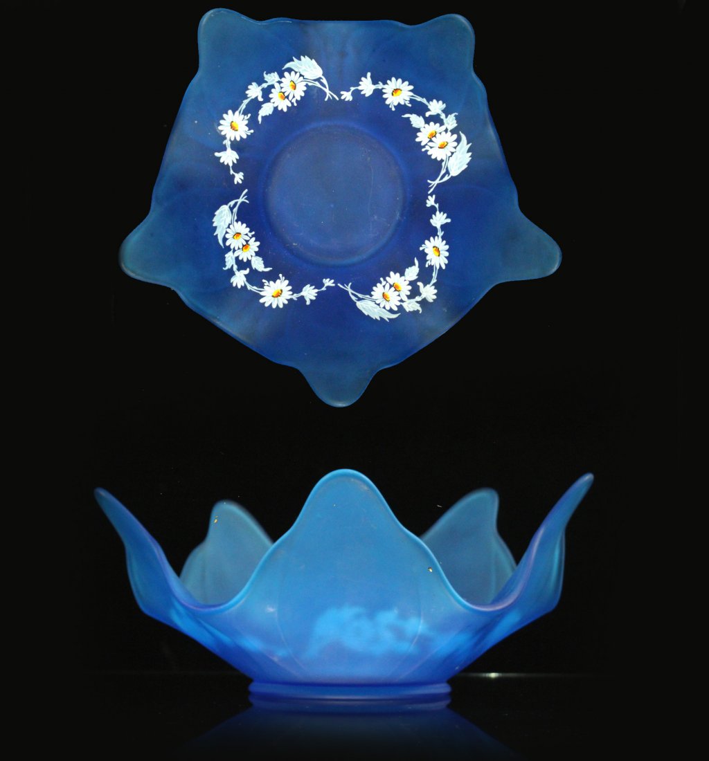 FENTON Blue Satin Glass LILLY PAD BOWL Enamel Floral: FENTON Blue Satin Glass LILLY PAD BOWL Enamel Floral. Size: 4.5 h , 11 d inches