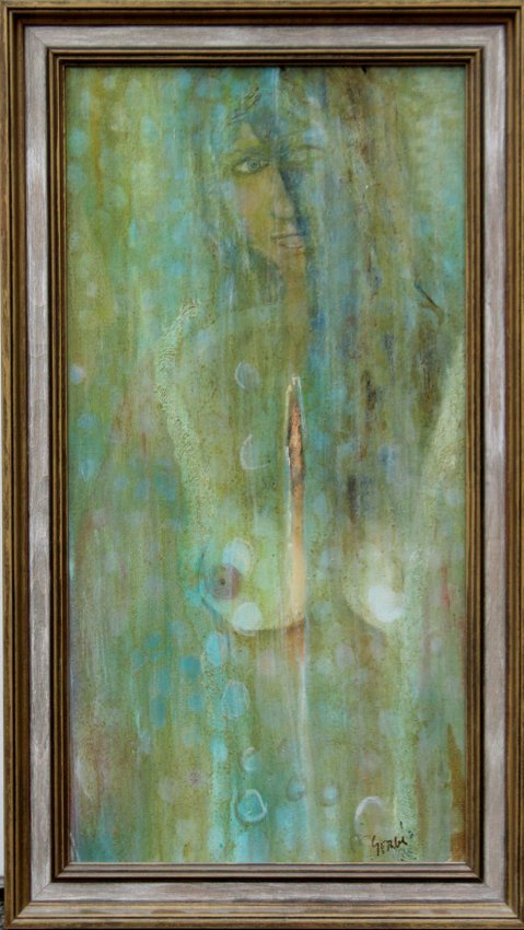 GEORGE , Modernism Oil/C NUDE IN MISTY RAIN Painting: GEORGE , Modernism Oil/C NUDE IN MISTY RAIN Painting; oil on canvas painting, signed, framed.Size: 24 x 12, outside of frame: 28 x 15.25