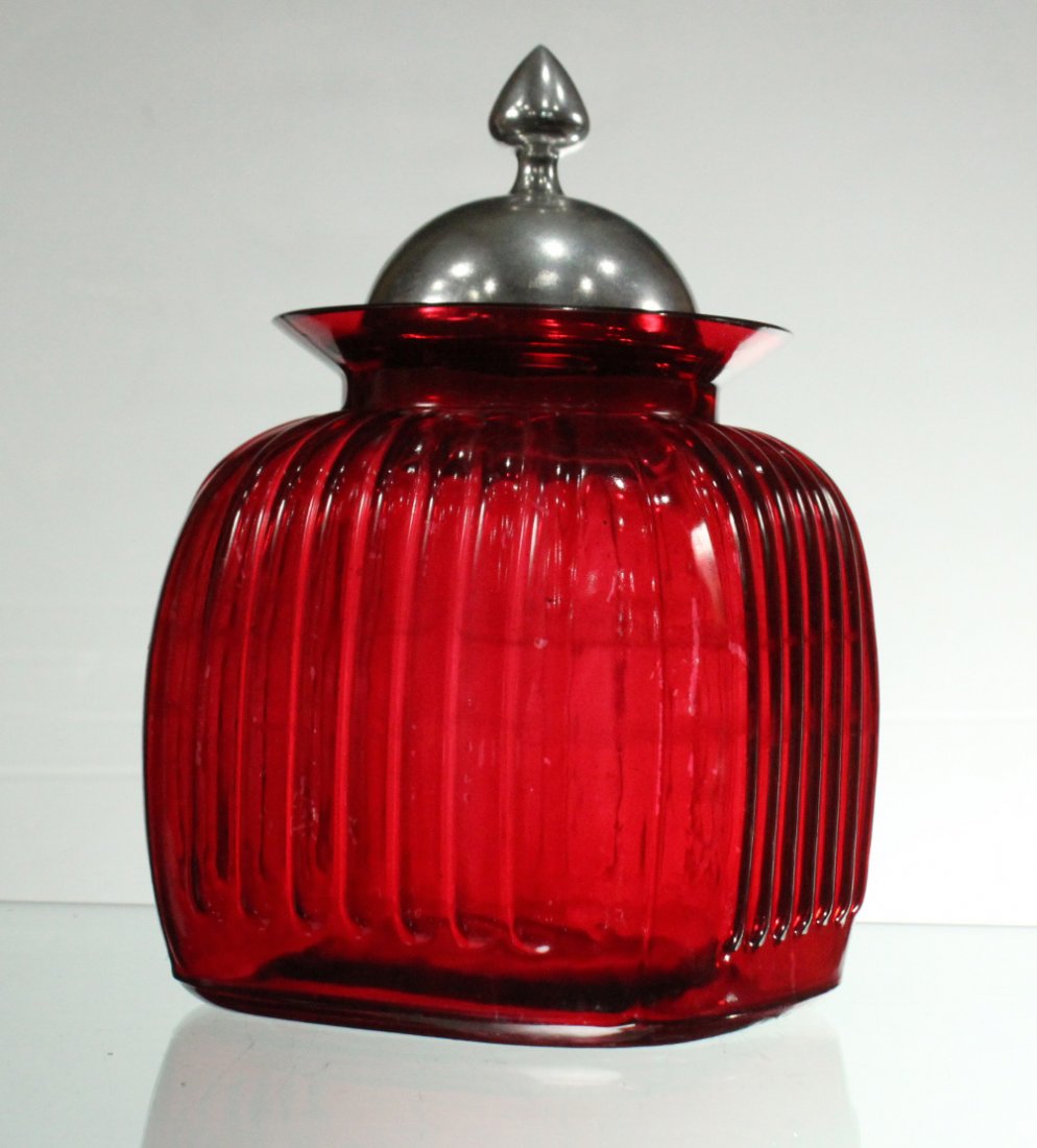 CRANBERRY GLASS CRACKER JAR With PEWTER TOP LID (1 of 3)