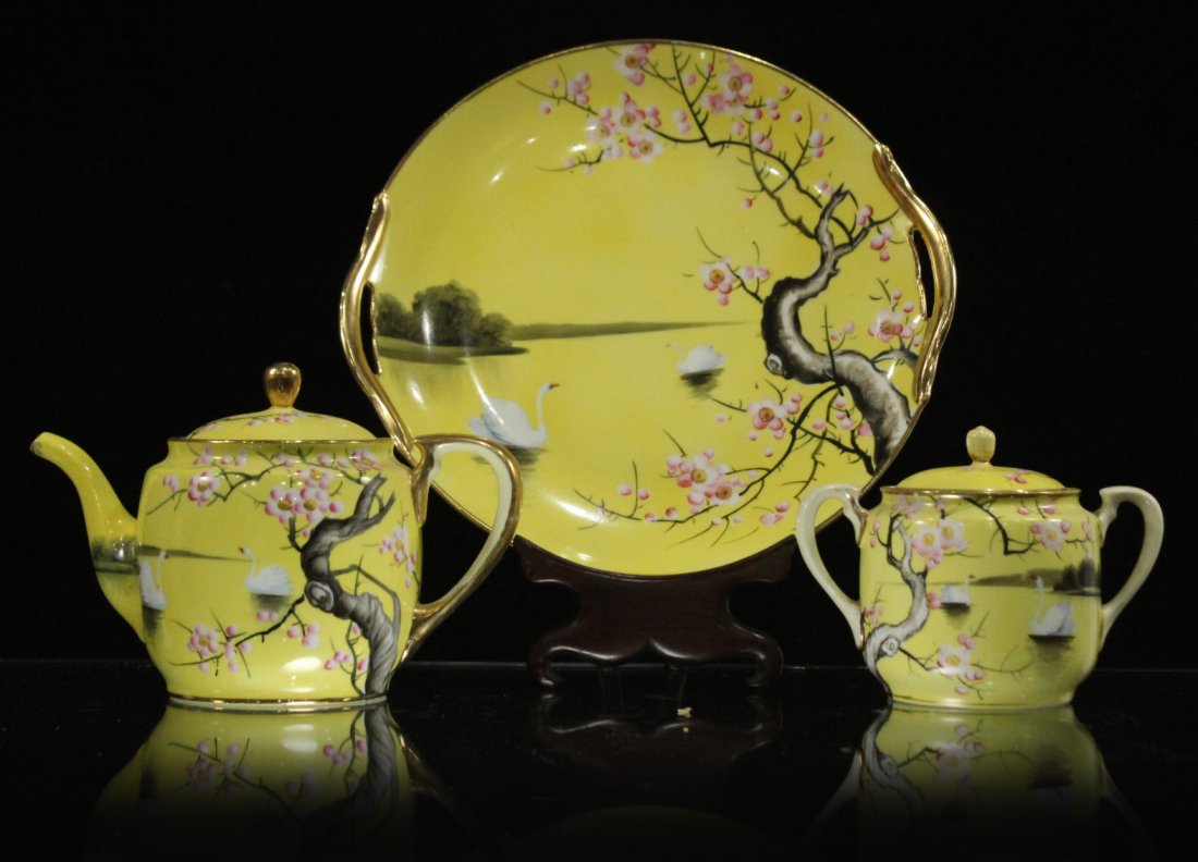 3-Piece NIPPON Hand Painted SUGAR CREAMER & CAKE SERVER: 3-Piece NIPPON Hand Painted SUGAR CREAMER & CAKE SERVER. Size: 10.75 d , heights 5.5 - 4.5 inches