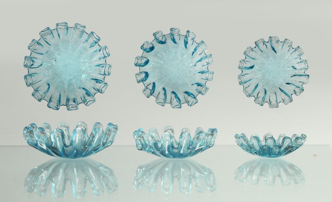 Nest of 3 Mid-Century ICE BLUE GLASS STACKABLE DISHES (1 of 3)