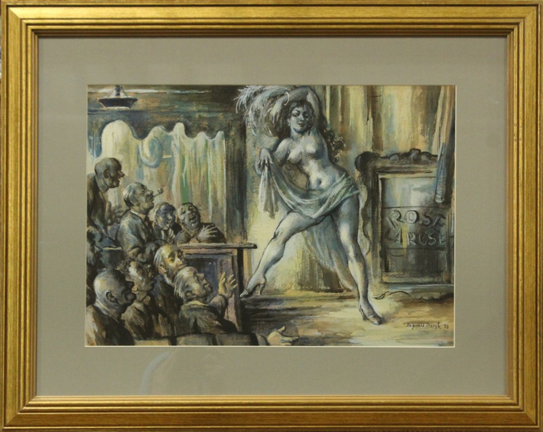 REGINALD MARSH 1953 - Gouache BURLESQUE DANCER ON STAGE: REGINALD MARSH 1953 - Gouache BURLESQUE DANCER ON STAGE. Signed, framed. Size: 14.5 x 20 , outside of frame: 24 x 29.5