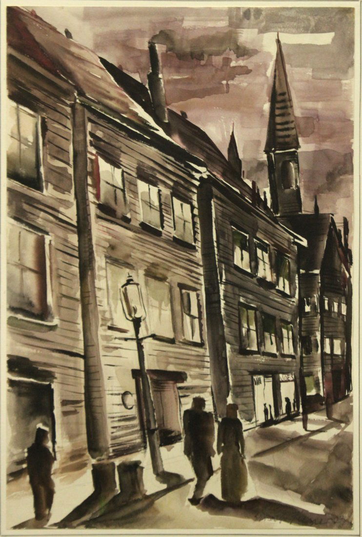 ERNEST FIENE '23. Watercolor FIGURES ON URBAN STREET (1 of 5)
