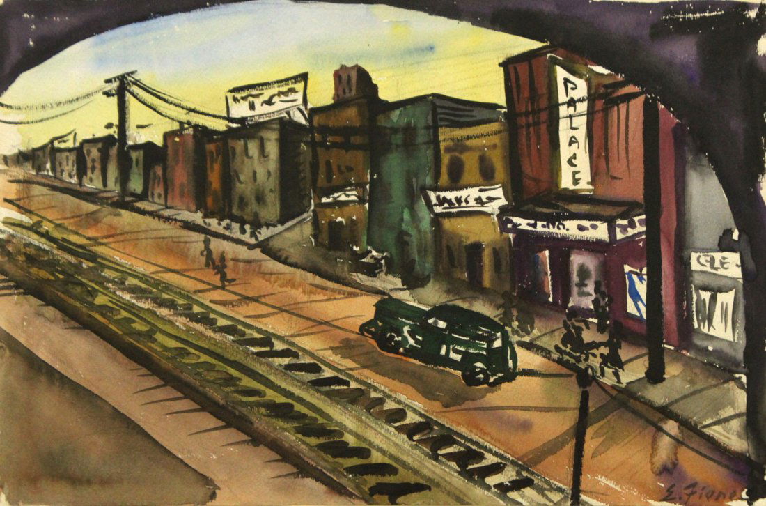 ERNEST FIENE, Watercolor URBAN STREET RAILROAD TRACKS: ERNEST FIENE, Watercolor URBAN STREET At THe RAILROAD TRACKS. well listed Woodstock Arts Colony Artist. Watercolor painting, signed. matted only no frame. Size: 18 x 12, mat: 28 x 22