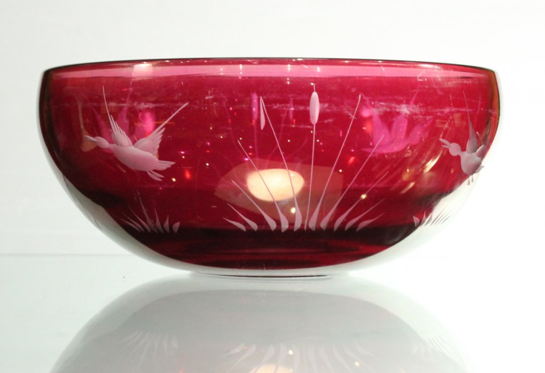 Cranberry Flash Cut Glass Geese Center Bowl: Cranberry flash cut glass geese bowl Size: 4.5 h , 10 d inches