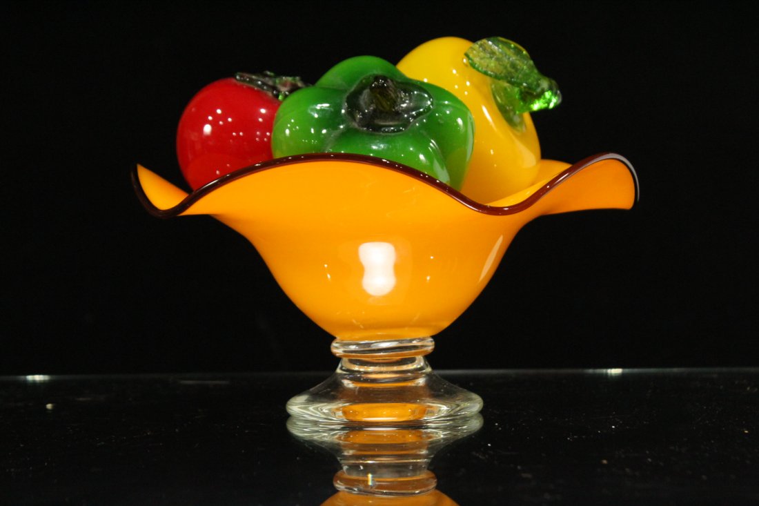 Hand Blown Glass Pedestal Bowl With Glass Fruit (1 of 4)