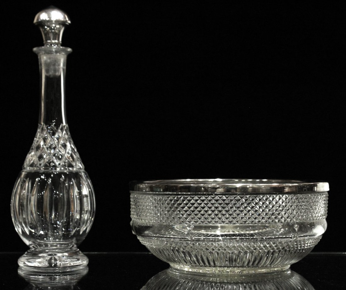 Two [2] SILVER TOPPED DECANTER & SILVER RIMMED BOWL (1 of 5)