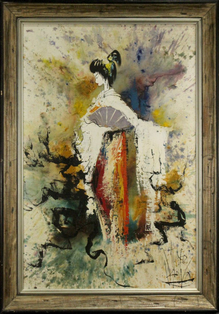 Mid-Century Modern ASIAN GIRL IN ABSTRACT OIL/C Signed (1 of 4)