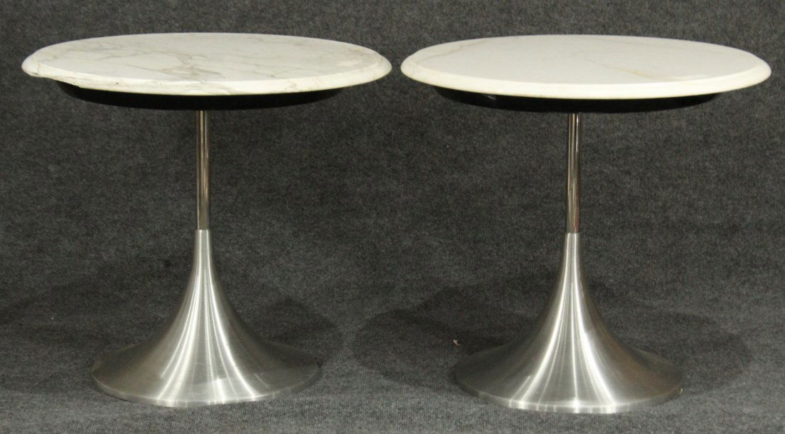 Two [2] BRUSHED ALUMINUM TULIP BASE STANDS Marble Top (1 of 6)