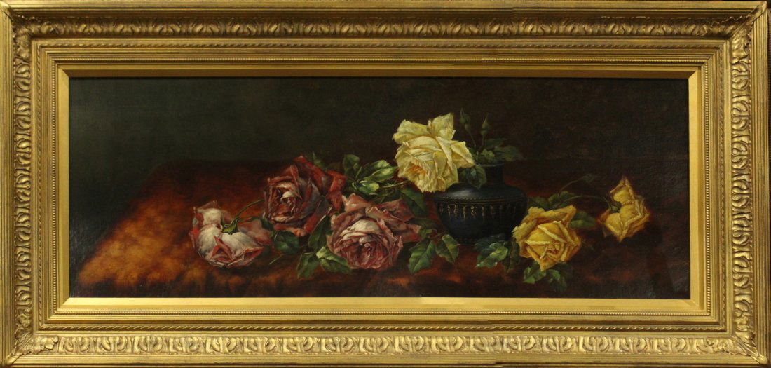 Raoul Maucherat De Longpre; Oil/C ROSES, URN STILL LIFE: Raoul Maucherat De Longpre; Oil/C ROSES, URN STILL LIFE. Oil on canvas painting, quality gold frame, signed: Raoul Maucherat De Longpre Size: 13 x 36 , outside of frame 21 x 44