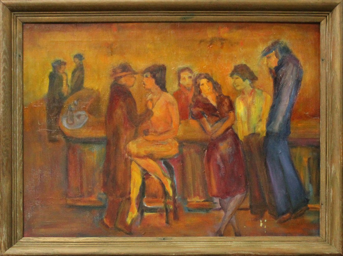 Vintage Oil Painting FIGURES IN A SPEAKEASY: Vintage Oil Painting FIGURES IN A SPEAKEASY; oil on canvas, unsigned, framed. Size: 18 x 24 , outside of frame 27 x 21