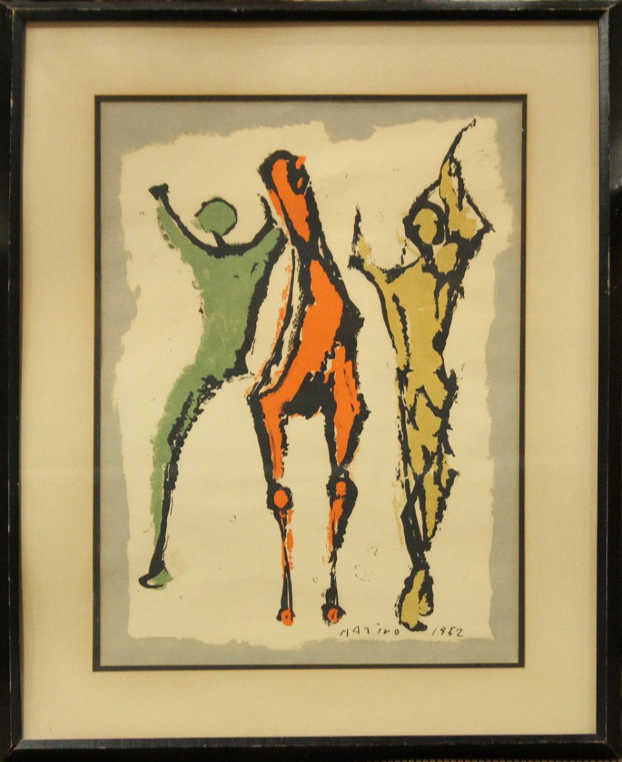 MARINO MARINI 1952 Vintage Lithograph FIGURES, HORSE: MARINO MARINI 1952 Vintage Lithograph FIGURES, HORSE. Size: 30 x 24" outside of frame
