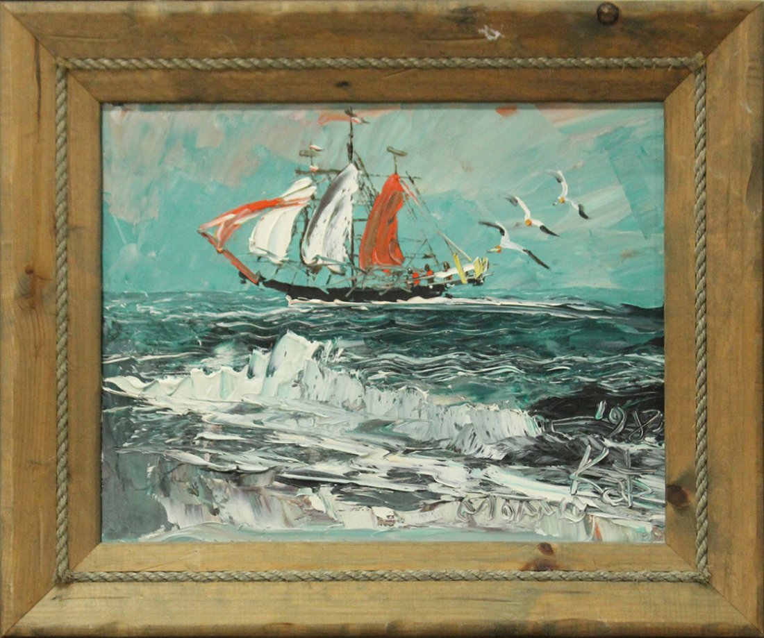 MORRIS KATZ 1981 Listed Jewish Amer. TALL SHIP ON SEAS: MORRIS KATZ 1981 Listed Jewish American, TALL SHIP ON SEAS; acrylic on board, signed and dated, framed, Well Listed Artist. Size: 16 x 20 , outside of frame: 22 x 26; ASKart: Morris Katz (born Moshe K