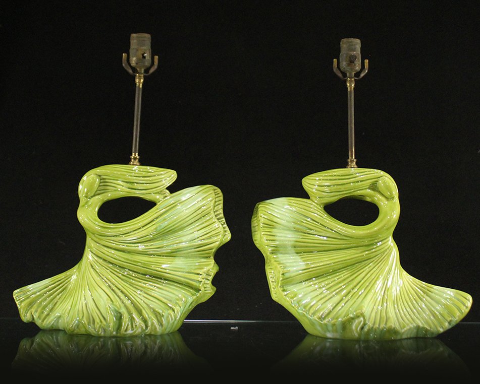Pair Mid-Century GREEN GLAZE CERAMIC FREE FORM LAMPS (1 of 5)