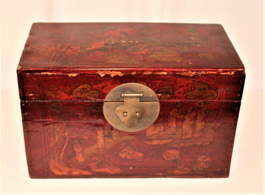 Antique Oriental Lacquered Lift Top Wood Storage Box (1 of 7)
