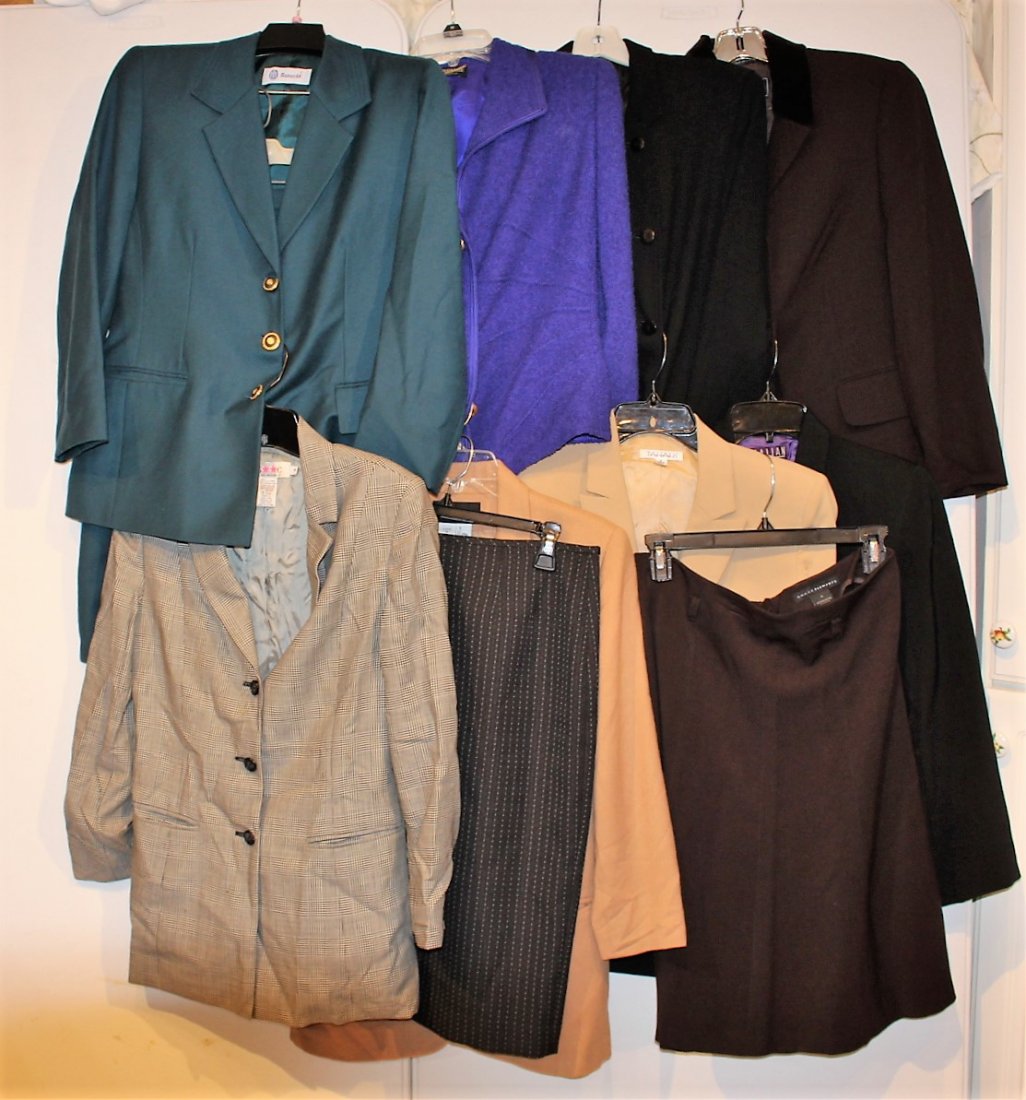 Group Lot Ten [10] Assorted Designer Clothing: Group Lot TEN [10] ASSORTED DESIGNER CLOTHING: Grace Elements brown skirt Size 4, 63 poly, 33 rayon, 4 spandex; Les Copains, brown, size 42, 100% wool; DKNY Jacket, black. size 6, 100% wool; Richard C