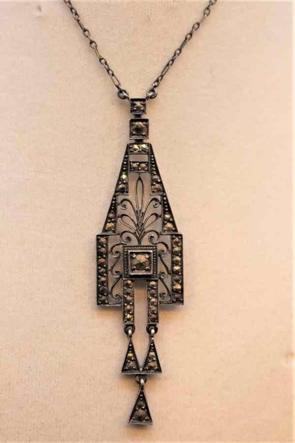 Sterling and Marcasite Art Deco Lavalier Necklace: STERLING AND MARCASITE ART DECO LAVALIER NECKLACE , Marked Germany, Sterling. Chain measures 22 inches