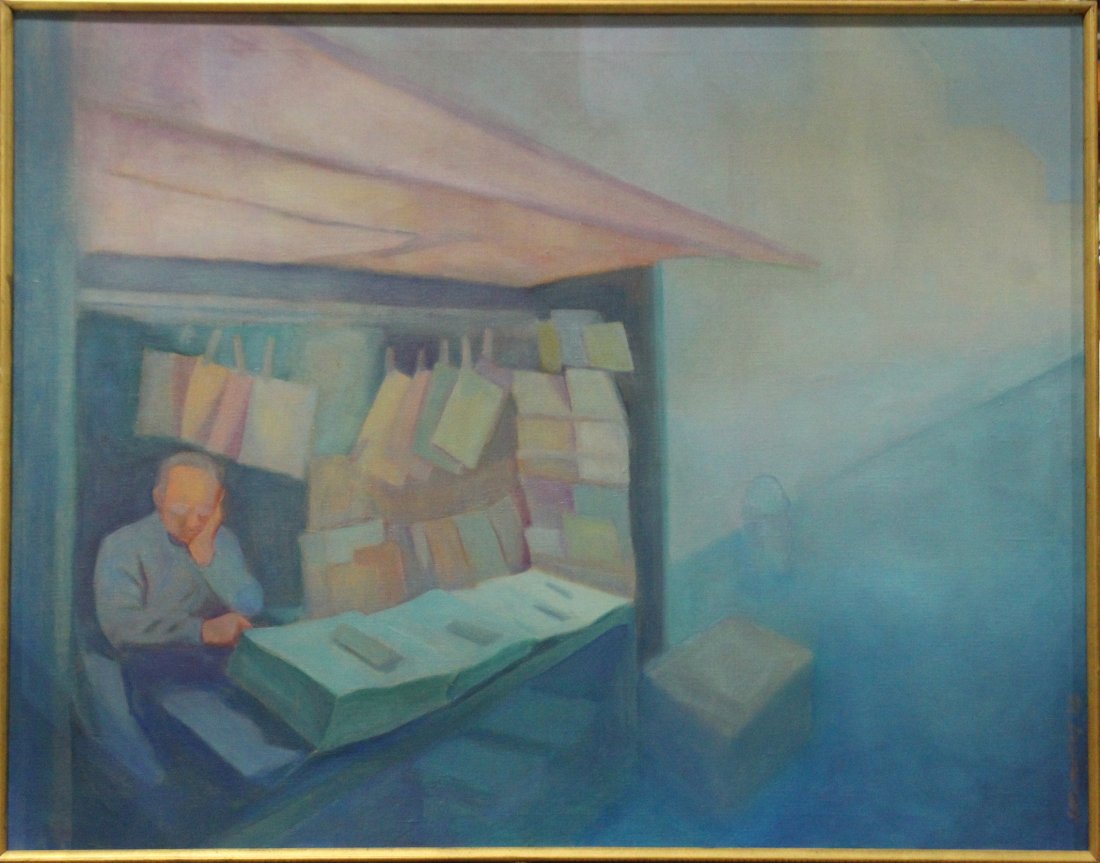 Oil Painting Mood Over Worked Man, Signed: Oil Painting on canvas. Color theory composition in blue hues depicting a mood with an over worked market man with a paper / newspaper magazine booth. Signed lower illegible. Size: 36 x 46