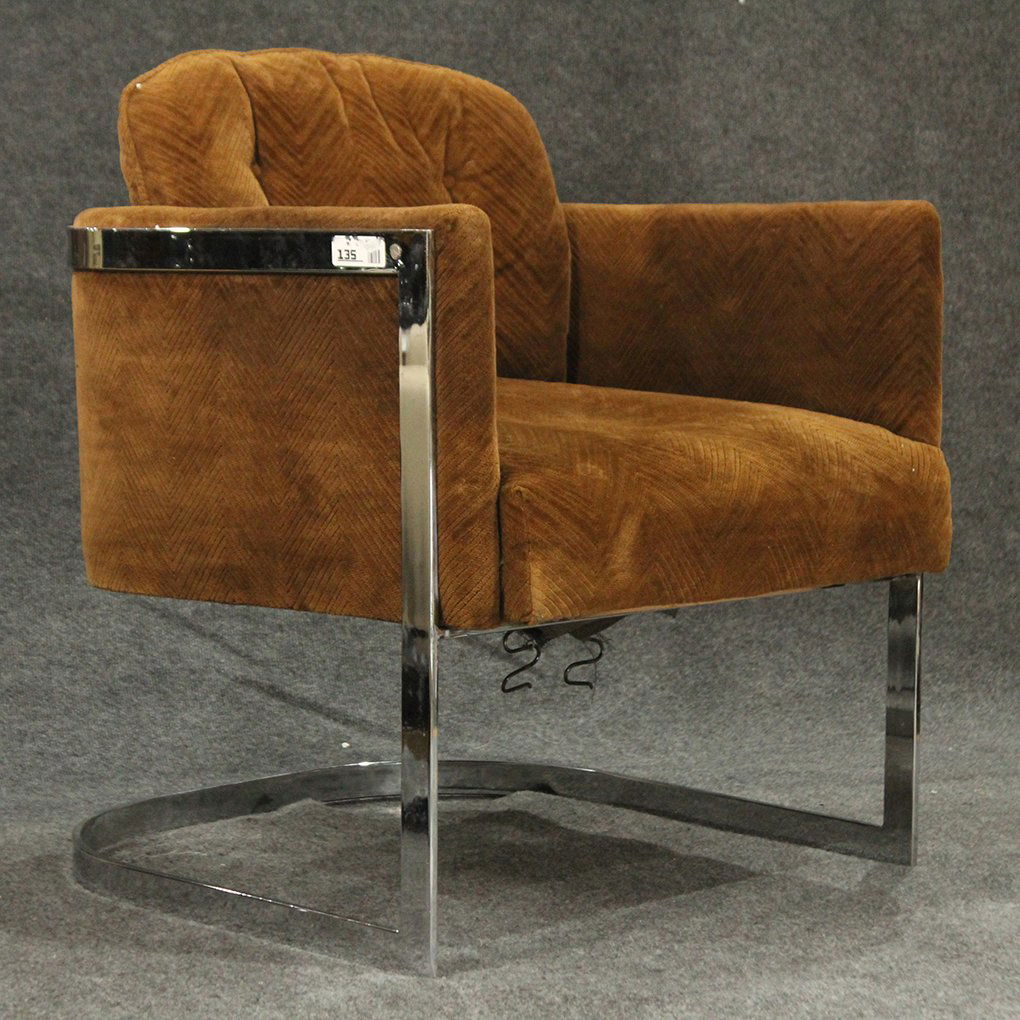 Milo Baughman Style Chrome Flat Bar Barrel Chair (1 of 6)