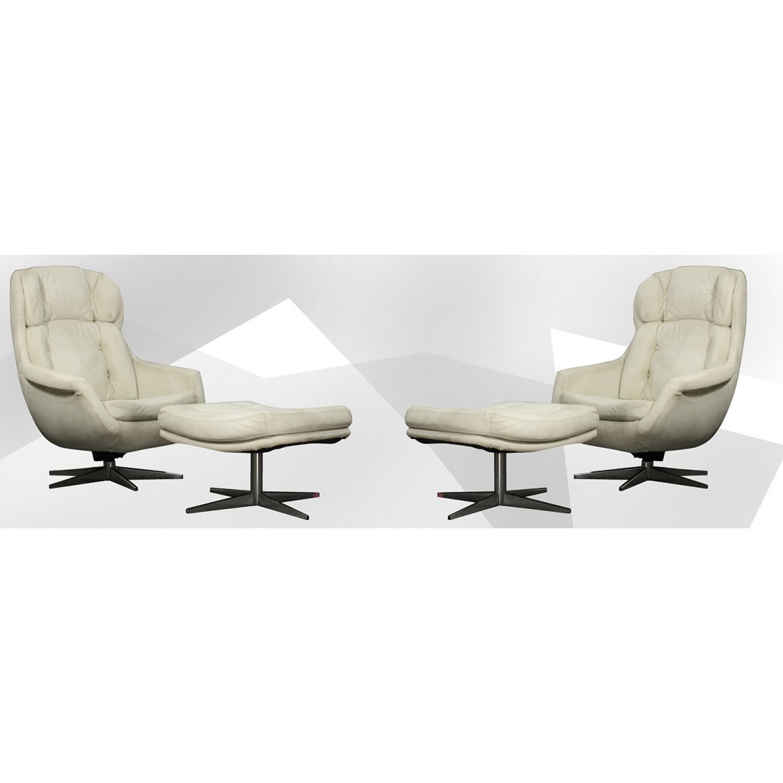 Two [2] Selig Sweden Swivel Lounge Chairs With Ottomans: Two [2] Selig Sweden Swivel Lounge Chairs With Ottomans. Retains original Selig and Made in Seden labels. Size: 39" h , 32w