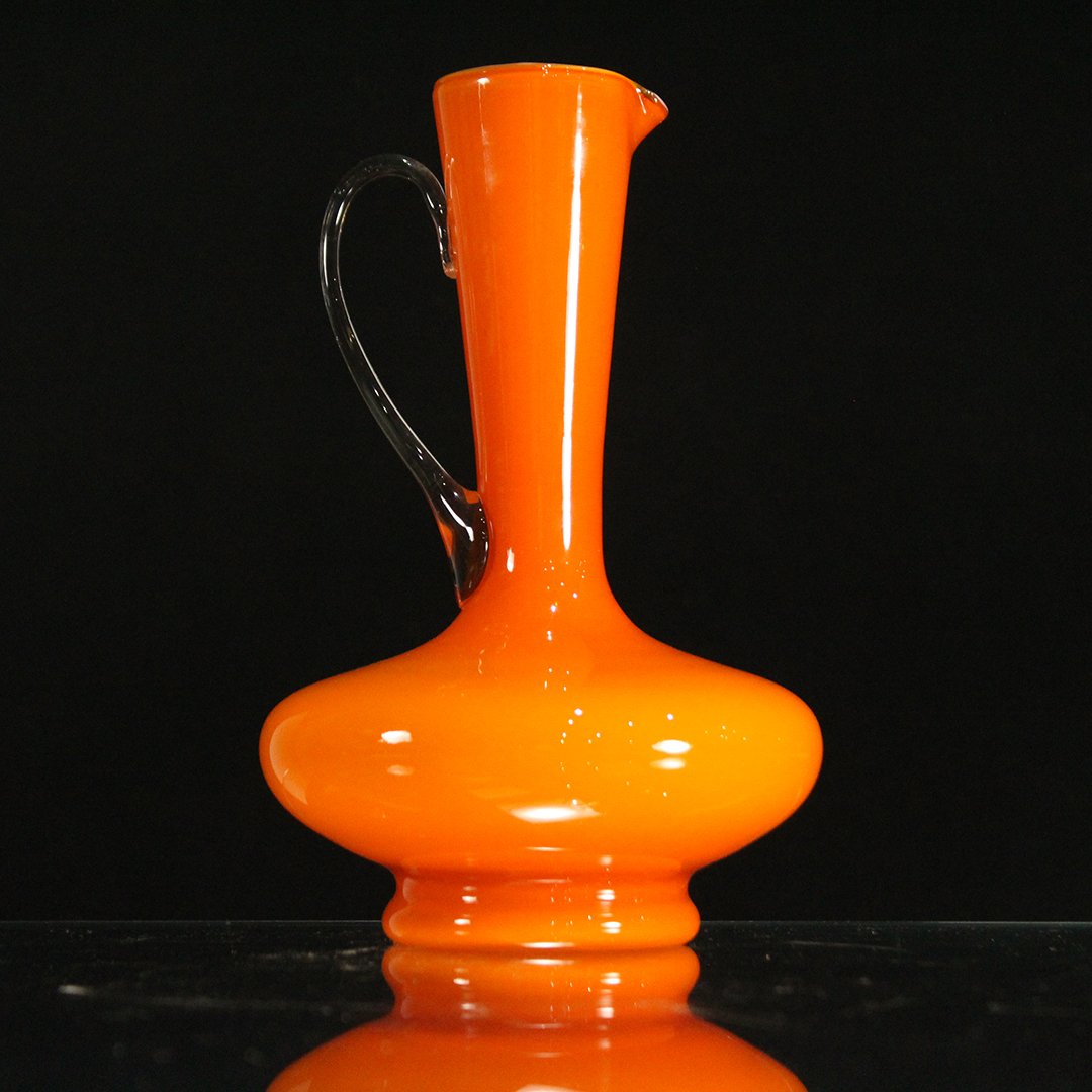 Orange Glass MidCentury Pitcher With Applied Handle
