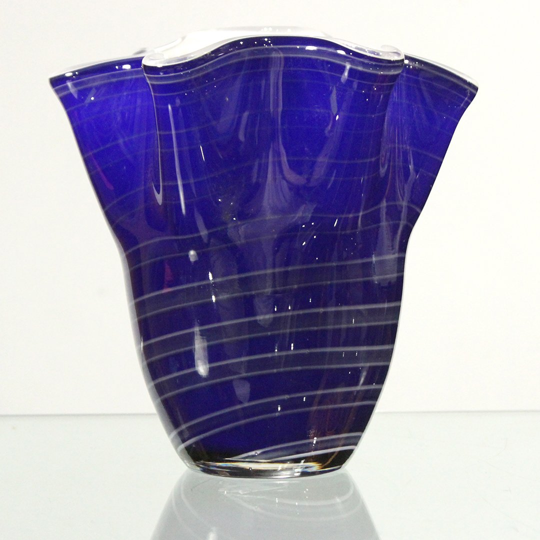 MidCentury Modern Cobalt Blue Cased Glass Ruffled Vase