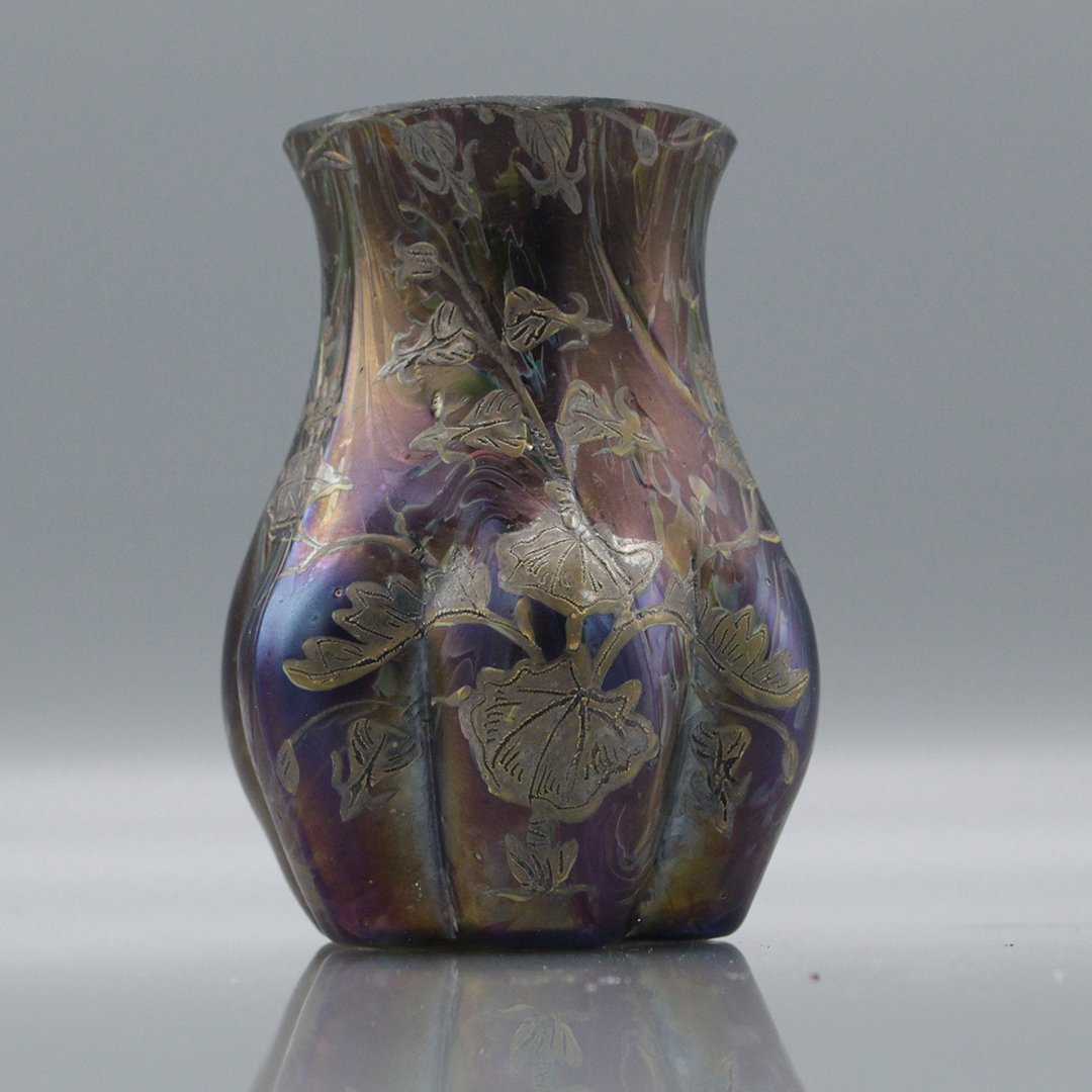 Loetz Art Glass Vase w/ All Over Silver Overlay Floral: Loetz Art Glass Vase w/ All Over Silver Overlay Floral. Size: 3.75" h