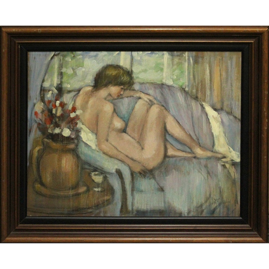 George Shelly, NJ Artist Oil/c Reclining Nude on Sofa: George Shelly, NJ Artist Oil/c Reclining Nude on Sofa. 20th C. oil on canvas painting, listed NJ artist, b. 1941; signed, framed. Size: 16 x 20, outside of frame: 21 x 24.5