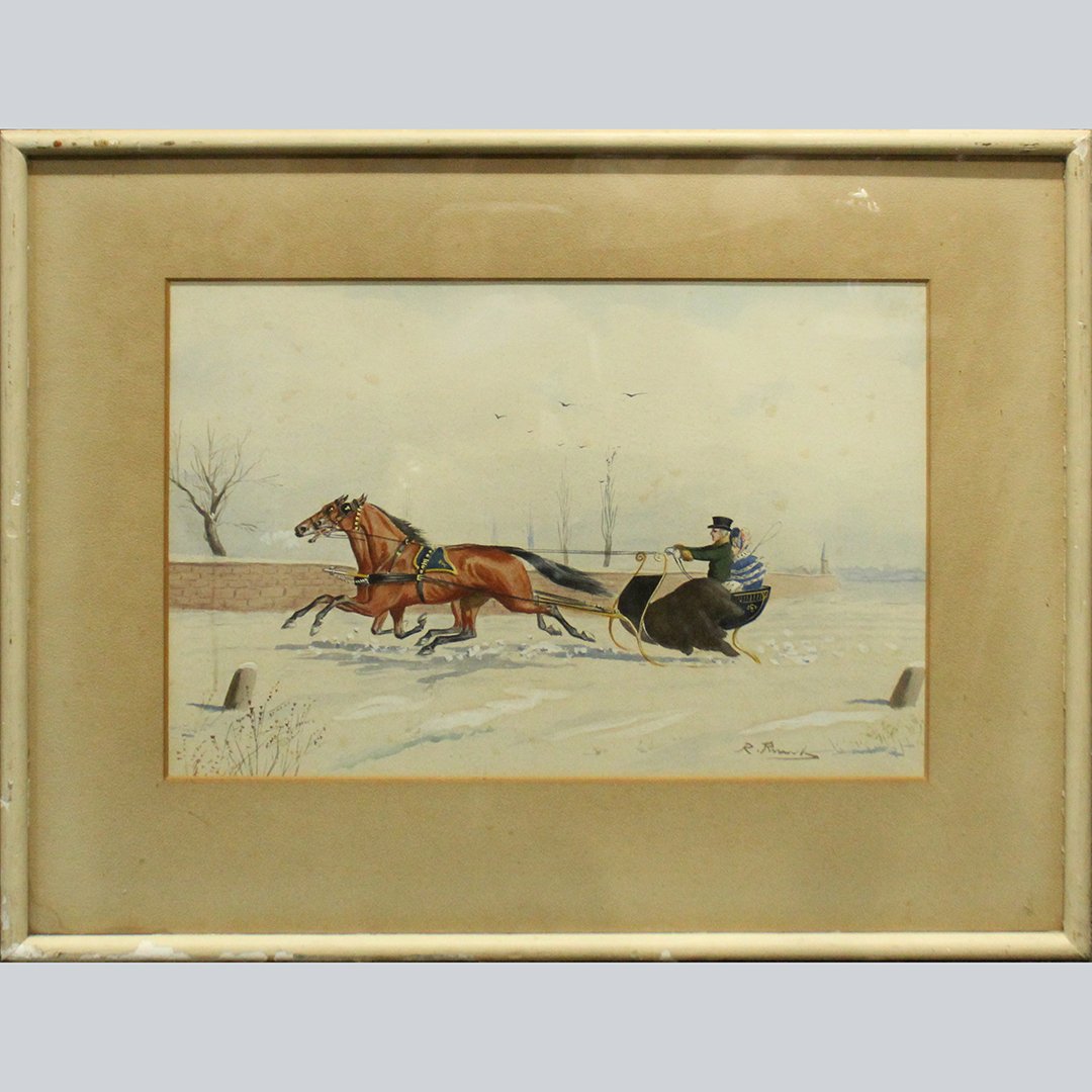 R. Rowley, 1800's Watercolor Horse Drawn Sleigh Ride (1 of 3)