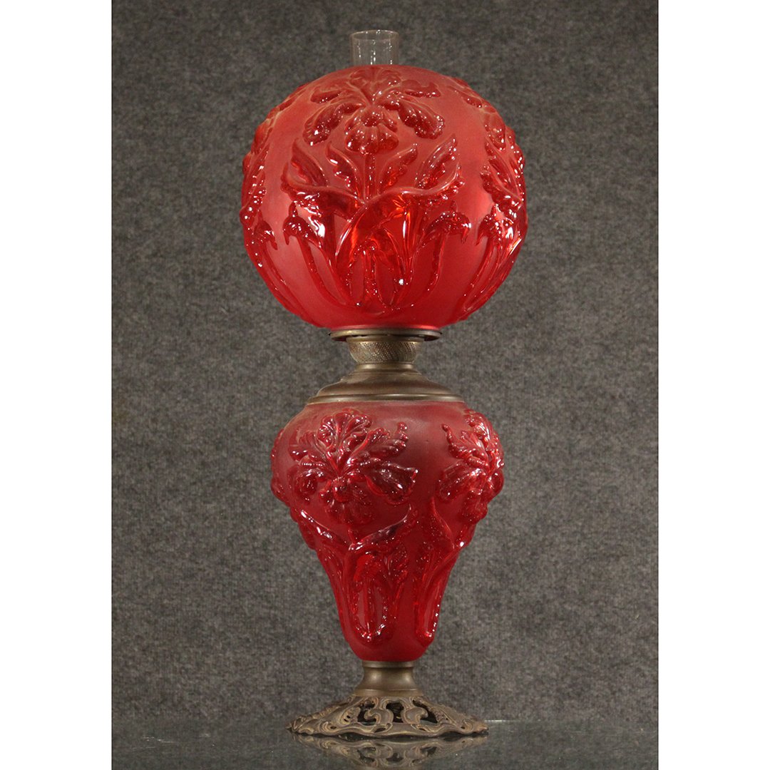 Antique Red Gone With The Wind Lamp Embossed Lilies: Antique Red Gone With The Wind Lamp Embossed Lilies. All original condition, burner marked: Success, numbered in base bottom # 1108. Size: 26 max height, 19 socket height, max width of top globe 10 "