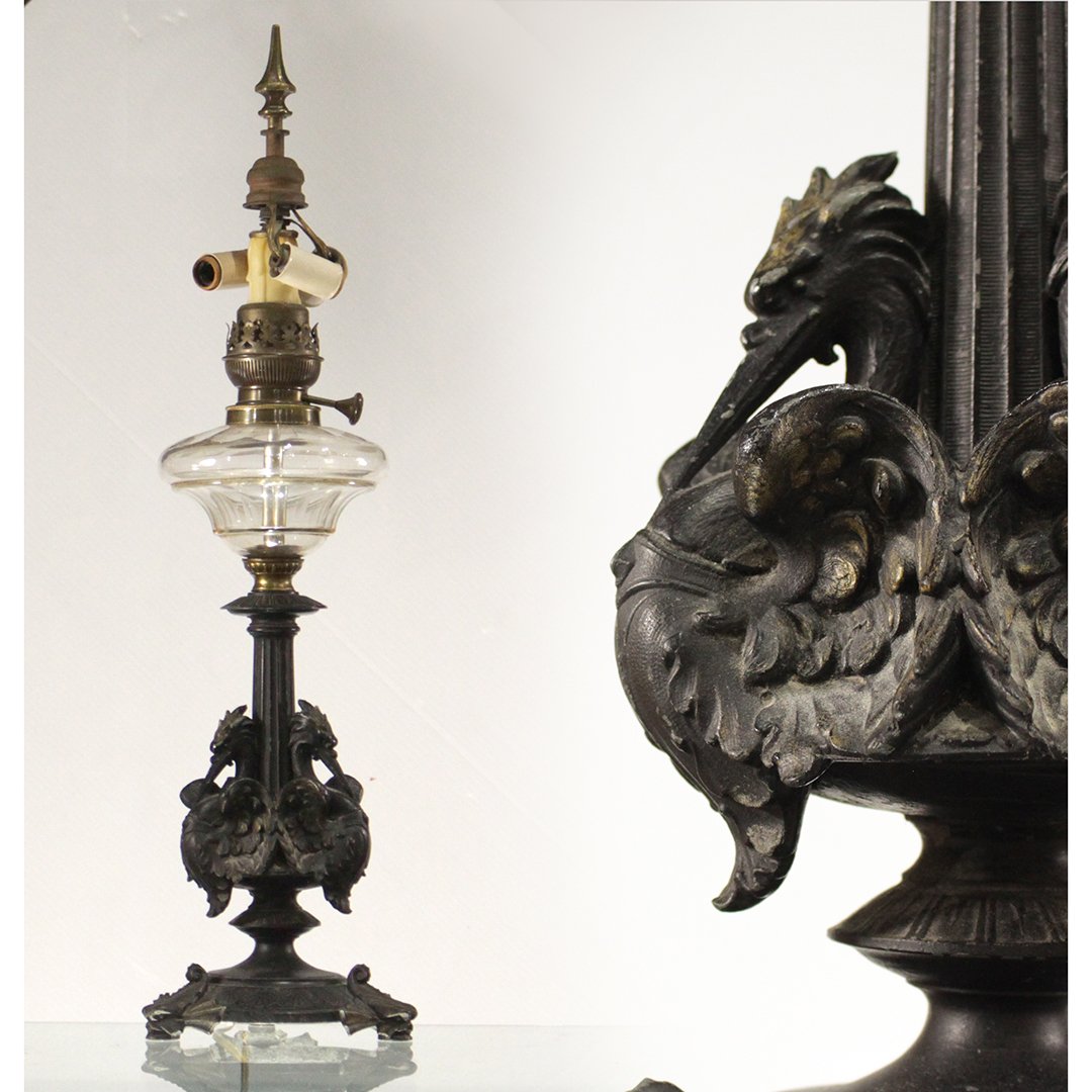 Aesthetic Movement Lamp Cast Iron Stork Base Glass Font (1 of 7)