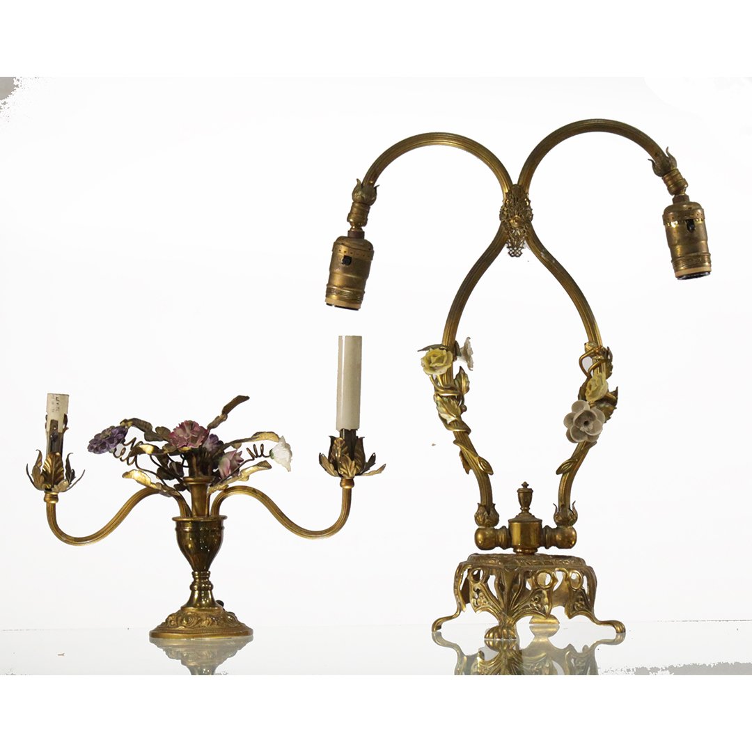 Two French Piano / Music Parlor Lamps Enamel Flowers: Two French Piano / Music Parlor Lamps Brass with Enamel Flowers. Size: 17 h 12.5 w , 9 h 10w
